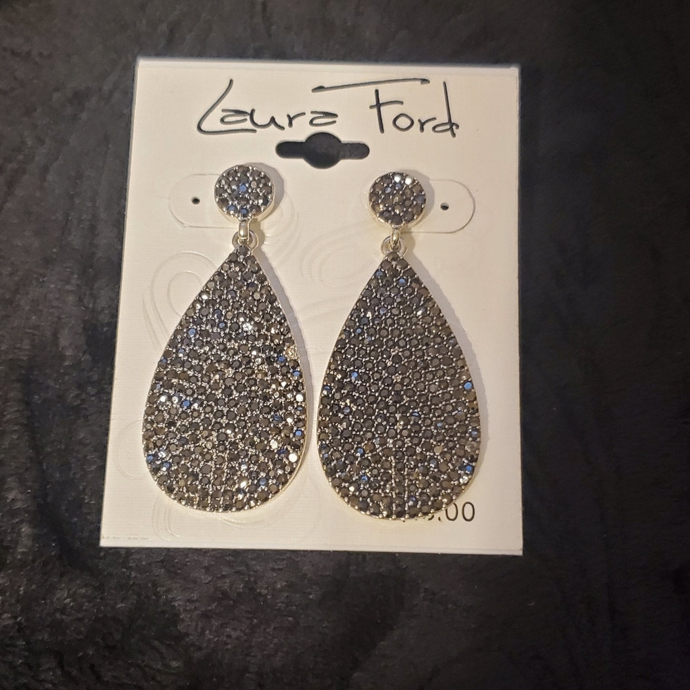 Laura Ford Black Rhinestones Tear Drop earrings.